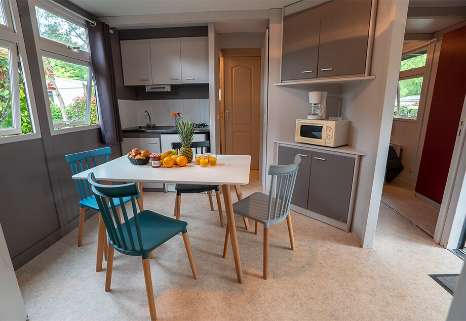 Vue d’ensemble de la location bungalow Eco 5 à 6 personnes dans le Tarn et sa terrasse couverte, du camping 4 étoiles le Chêne Vert